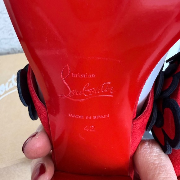 Christian Louboutin Tres Pansy 85 Suede Sandals Womens 42 Red Black Brand NEW - Picture 8 of 12